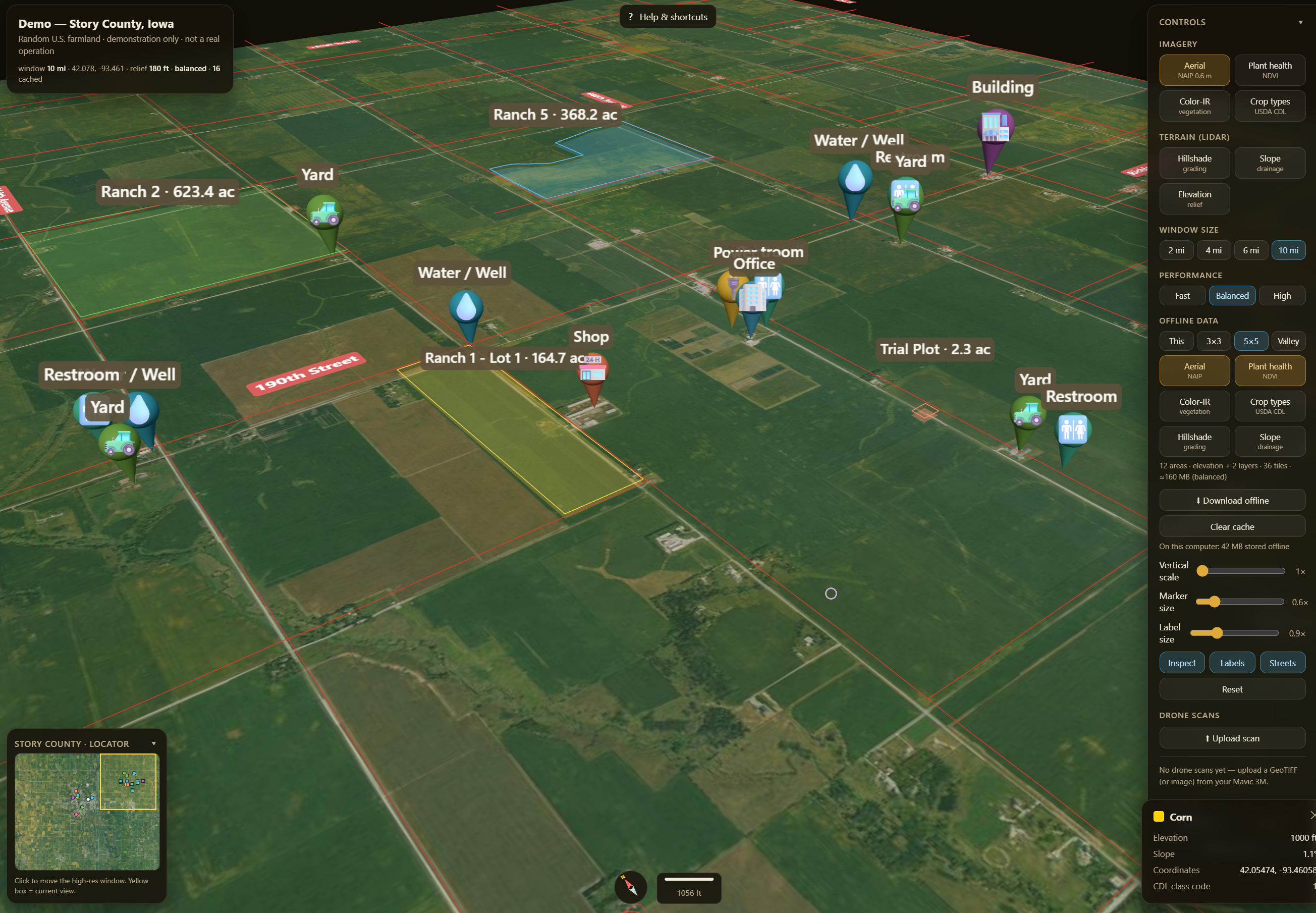 Field Forge Ranch Mapper — farm ranches and lots outlined in 3D on aerial terrain, with acreage labels, field markers, and map layers.