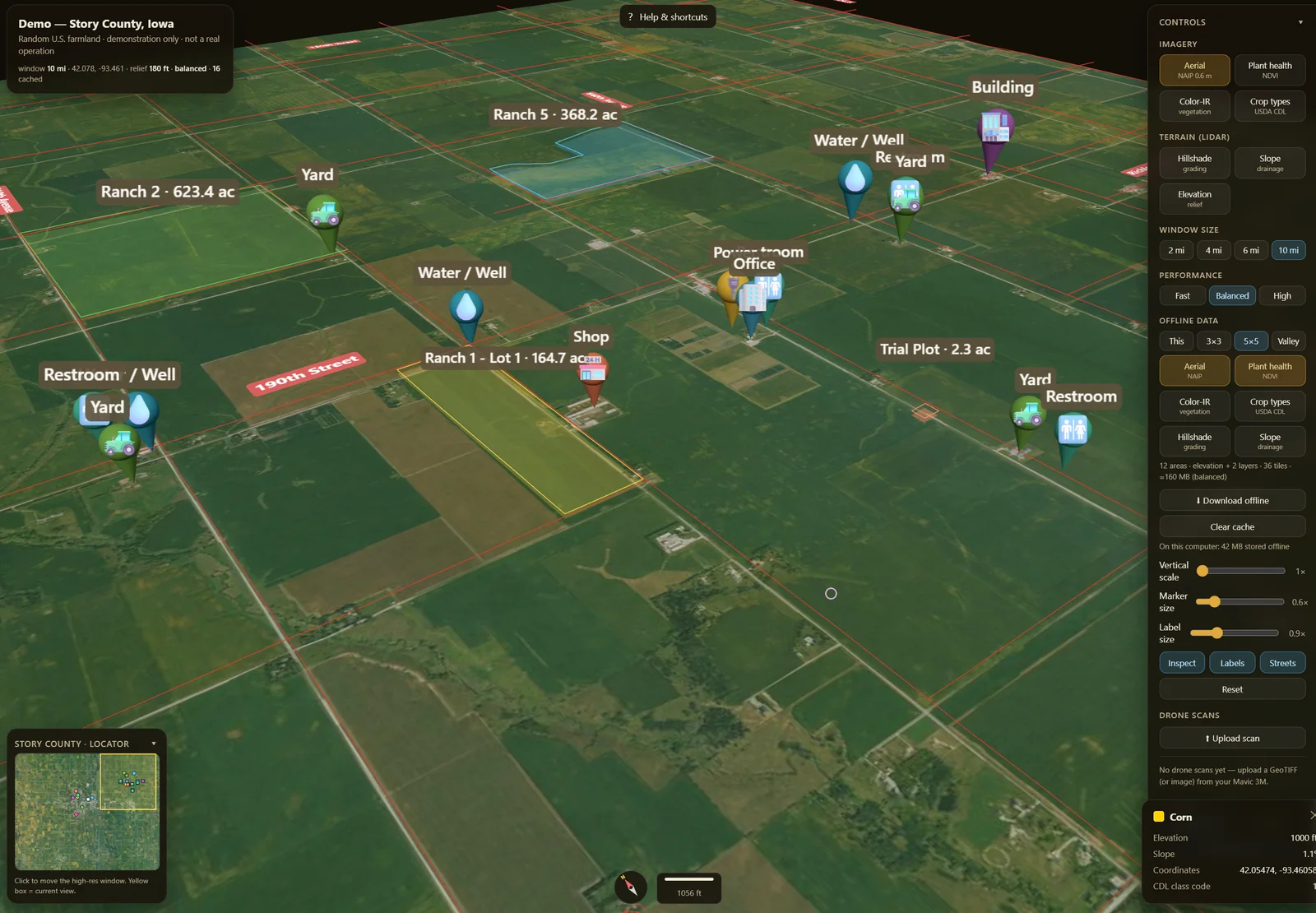 Ranch Mapper demo in Story County, Iowa, with outlined fields, acreage and labeled markers
